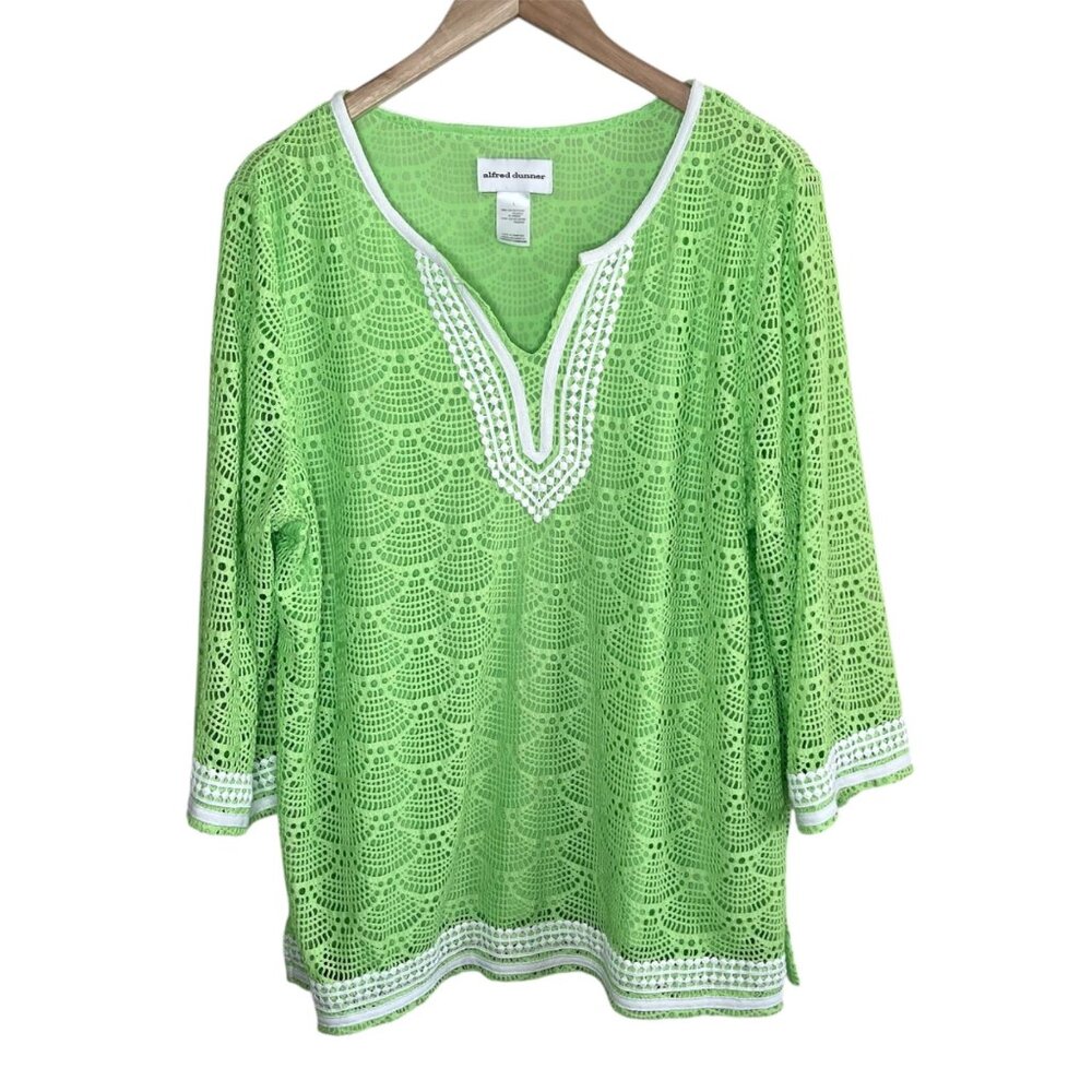 Alfred Dunner Retro Hippie Green Crochet Tunic Top Large